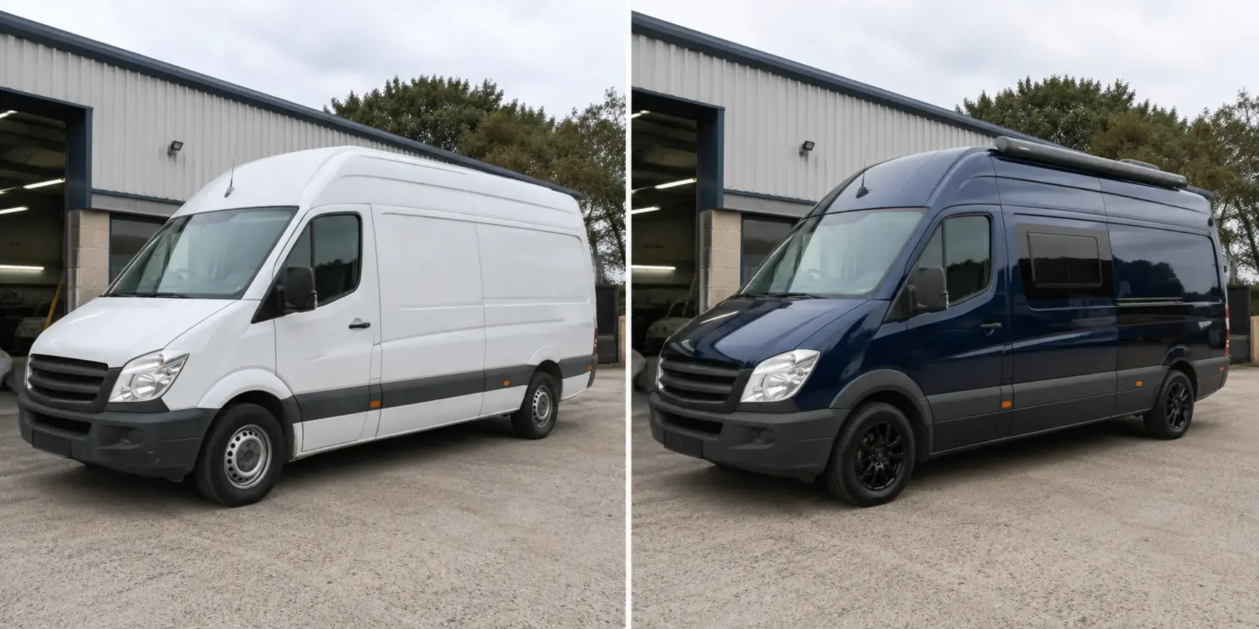 Illustrative before and after view of the same plain white van converted and professionally resprayed as a finished camper